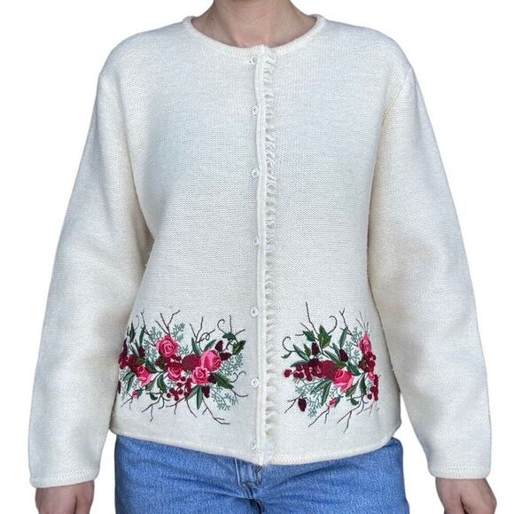 Vintage Susan Bristol Cardigan Sweater Wool Knit Embroidered Floral Size Large - Picture 1 of 12